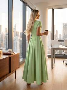 Long Dress With Short Sleeves, Square Neckline, Solid Color, Elegant, Sizes S M L - 檸檬綠 - 查看 3