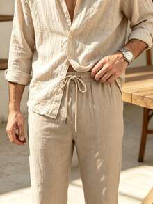 ALTZTAR Men's Summer Casual Pants Elastic Waist Drawstring Wide Leg Loose Fit Long Pants - Apricot - View 3