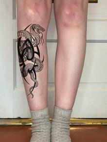1pc Y2K Style Tattoo, Snake, Lotus Flower, Floral Animal Tattoo, Temporary Tattoo Sticker, Waterproof And Sweat-Resistant, Washable, Non-Reflective, Simulated Tattoo Effect For Arms, Legs, Shoulders, Chest, Back, Suitable For Fashion-Forward People, Lasts 3 To 5 Days - Black - View 1