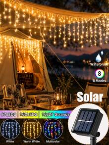 Solar Garden Icicle Light Strings,Outdoor Waterproof Curtain String Light,Solar Icicle Light String 97 Leds/160 Leds,8 Flashing Modes,Suitable For Summer Garden Party Yard Christmas Balcony,Tree Hanging,Yard,Roof,Walls,Camping Decor Holiday Garlands - Solar-powered Icicle Light Strings - View 2