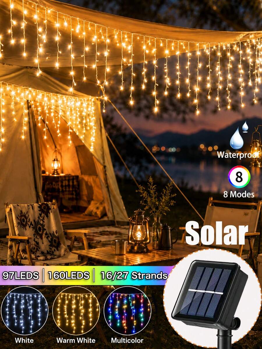 Solar Garden Icicle Light Strings,Outdoor Waterproof Curtain String Light,Solar Icicle Light String 97 Leds/160 Leds,8 Flashing Modes,Suitable For Summer Garden Party Yard Christmas Balcony,Tree Hanging,Yard,Roof,Walls,Camping Decor Holiday Garlands