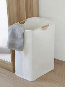 1pc Linen Dirty Laundry Basket, Foldable Fabric Storage Bin With Wooden Handle, Large Capacity Laundry Basket For Bedroom And Bathroom - Beige - View 2