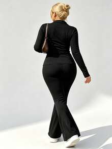 Plus Size Solid Color Fitted Jacket And Flare Pants Sports Set Black - Black - View 3