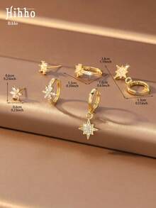 Hihho 3 Pairs Exquisite Luxury Style Sparkling Full Zirconia Star Combination Set Earrings, Gold-Plated Material, Six-Pointed Star And Small Flower Design With Densely Inlaid Rhinestone Details, Atmosphere Women's Earrings Suitable For Daily Commute And Shopping - Earring - View 5