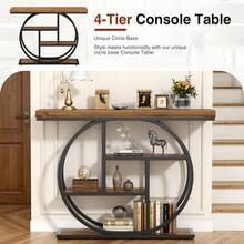 Console Table With Circle Base, Industrial Narrow Entryway Table With Storage, 4-Tier Wood Sofa Table For Living Room, Hallway, Rustic Brown - Rustic Brown - View 4