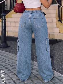 Plus Size Y2K Loose Straight Leg Jeans, Long Non-Stretch Denim Fabric With Practical Pockets And Zipper Fly - Dark Wash - View 7