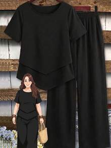 Plus Size Women Solid Color Round Neck Short Sleeve Double Layer Hem Top And Straight Leg Wide Leg Pants Casual 2-Piece Set, Loose And Black Elegant - Black - View 1