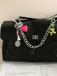 Encantador colgante de bolso de dibujos animados con corazón, llavero de bádminton, perro globo, estilo maximalista, cadena de doble cierre y colgante - Plateado - Ver 5