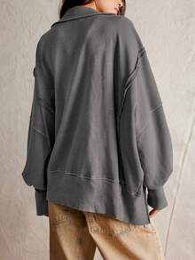 European Women's Fashion Casual Design Split Hem Lantern Sleeve Polo Collar Loose Sweatshirt - Grey - View 4