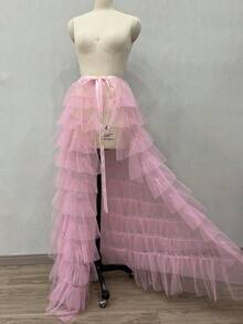 1pc Bride's Multi-Layered Black Belted Party Maxi Skirt With Detachable Train And Tulle Overlay Halloween - Black - View 22