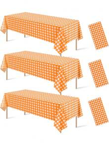1/3/5pcs Orange & Gold Decorative Tablecloth, Disposable Plastic Orange & White Plaid Buffalo Check Tablecloth, Suitable For Autumn Thanksgiving Birthday Party Supplies - Orange Checkered Tablecloth - View 2