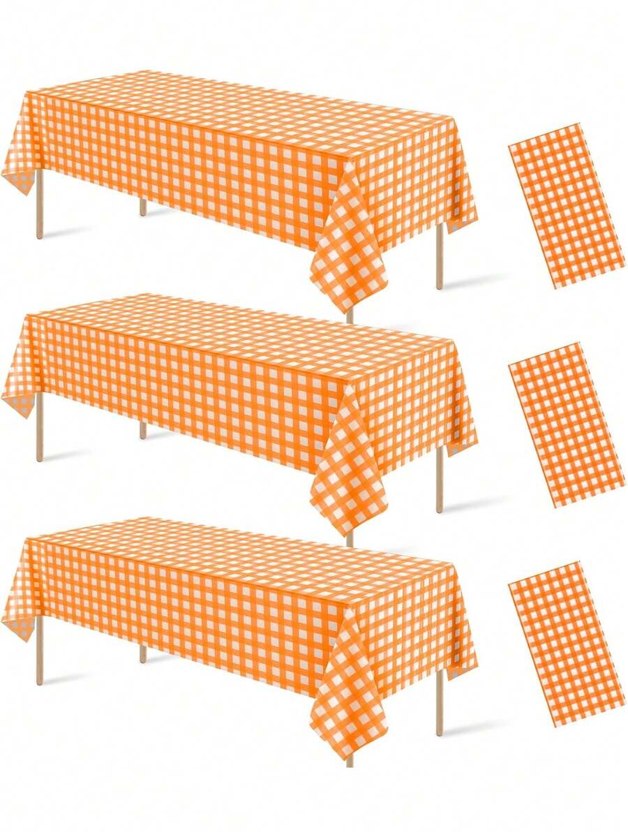 1/3/5pcs Orange & Gold Decorative Tablecloth, Disposable Plastic Orange & White Plaid Buffalo Check Tablecloth, Suitable For Autumn Thanksgiving Birthday Party Supplies - Orange Checkered Tablecloth - View 1
