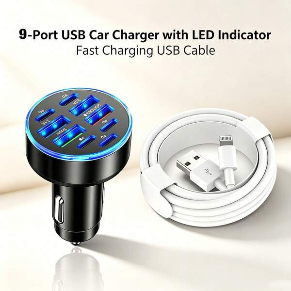 系列相容車用充電器套裝，9 埠 4USB+5PD 多功能快速充電組合，車用充電器 + USB 快速充電數據線，快速充電高效傳輸充電線，相容 iPhone 14/13/12/11/XS/XR/8/7/6 系列