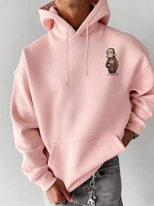 Niche Anime Healing Cardboard Man Listening To Music Japanese Graffiti Pattern Hoodie, Men's Casual Streetwear Loose Fit Basic Top - Pink - View 3