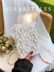 Spring New Women's Beaded Phone Bag, Highly Attractive Minimalist Woven Crossbody Bag For Vacation - White - View 1