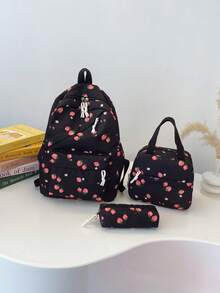 3pcs Cute Cartoon Strawberry Fruit Print Backpack Set, Large Capacity Nylon School Day Bag With Lunch Bag And Pencil Case, Multi-Pocket Casual Bookbag - 2264 - View 12