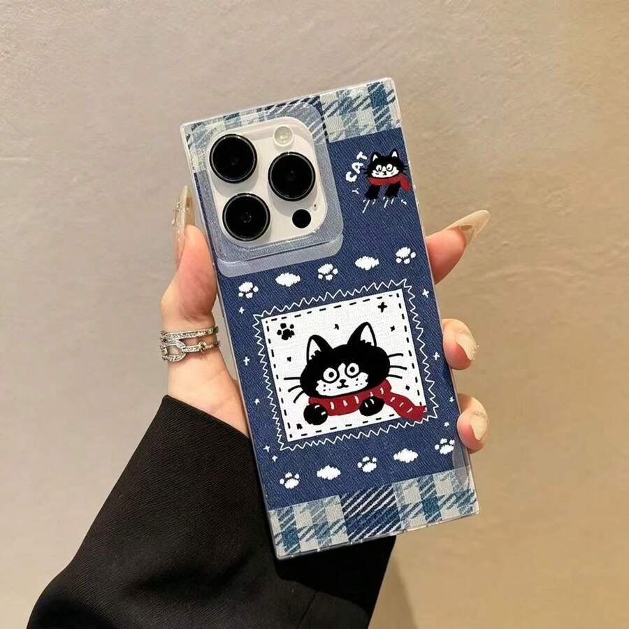 Ice Crystal Cube Blue Plaid Scarf Black Cat Phone Case Compatible With Apple 16/15/14/13 Pro Max 12/11 - Multicolor - View 1
