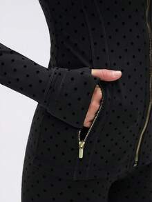KyrLssu Women's Polka Dot Zipper Stand Collar Long Sleeve Slim Fit Pocket Jacket - Black - View 5