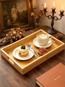 Bamboo Tray With Hollow Handle, Rectangular Wooden Breakfast Tray, Multi-Functional Food And Beverage Tray, Suitable For Coffee, Tea, Snacks, Home Table Decor - View 8
