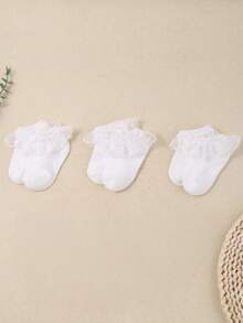 3 pares de calcetines cortos de encaje para bebé niña, estilo aleatorio, calcetines de encaje blanco, calcetines para niños pequeños, suministros para bebés, decoración para bautizo de bebé, calcetines de estilo princesa linda - Blanco - Ver 3