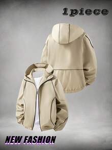 Guys Solid Tone Hooded Zip Jacket With Slim Black Edge Stitching For Weekend Walk Date Casual Fashion Look Sports - Khaki - View 3