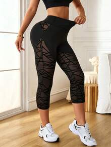 Women's Fashion Fitted Capris With Hollow Mesh Patchwork Design, Butt-Lifting Tummy-Control Leggings, And Fabric Black Sports Summer - Black - View 1
