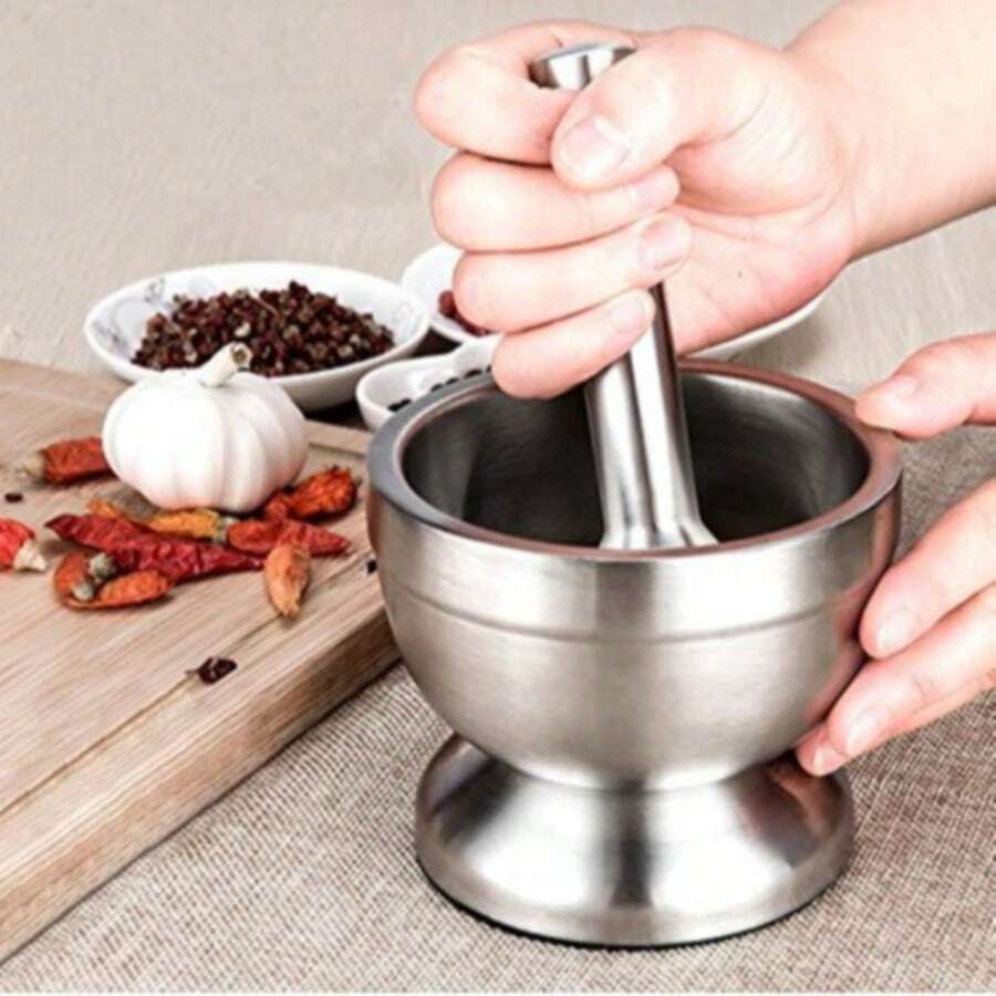 1組不鏽鋼壓蒜器與研缽套組，手動壓蒜器適用於香料與香料，可壓碎辣椒、辣椒等，適合廚房、宿舍、自製醬料與沾醬，廚房研缽與研杵，蒜碗研缽與研杵，易於使用且耐用