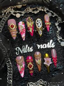 10pcs Handmade Fully Covered Stiletto Nails Press On Nails, Hot Pink Nails, Y2K Sweet And Spicy Retro Baroque Style,Four Sizes To Choose From, Suitable For Dance, Daily Wear, Girl Party, Cosplay, Reusable, With Nail Glue Sticker And Nail File - Hot Pink - View 3