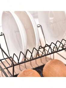 Double-Layer Dish Rack, Kitchen Countertop Dish Organizer, With Drip Tray And Chopstick Holder, Large Capacity, A Must-Have For Home Kitchen Organization, Black Rust-Proof Version. - 43.5x33x26.5cm - View 2