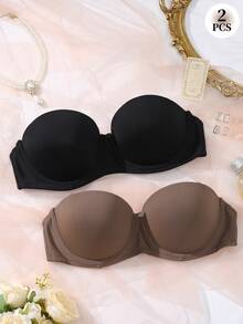 2pcs Women's Smooth Strapless Bra With Detachable Transparent Shoulder Straps, Push-Up Lift And Gather Design, Versatile Cold Shoulder Bra - Multicolor - View 3