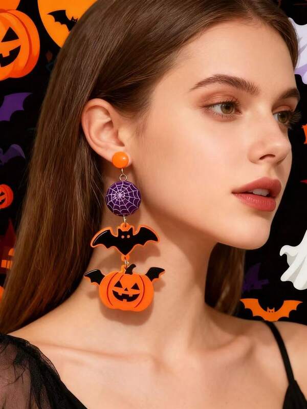 1 par de pendientes decorativos de calabaza de Halloween; pendientes decorativos de murciélago de estilo gótico oscuro de Halloween; accesorios de fiesta divertidos, creativos y lindos de Halloween; accesorios de regalo para días festivos; accesorios de pendientes divertidos de hip-hop para fiestas de disfraces, festivales y carnavales de Halloween; regalo de Halloween