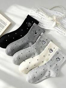 5 Pairs Assorted Women's Casual Versatile Heart Pattern Mid-Calf Socks, Comfortable Soft Cute Japanese Style - Multicolor - View 3