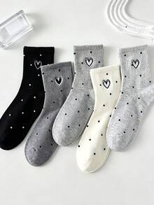 5 Pairs Assorted Women's Casual Versatile Heart Pattern Mid-Calf Socks, Comfortable Soft Cute Japanese Style - Multicolor - View 4