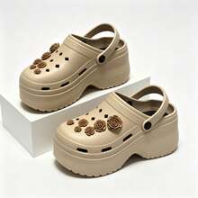 9cm Platform Wedge Clogs For Women, Simulated Rose Decor, Thick Sole, Breathable, 2-Way Wear, Non-Slip Beach Sandals - Khaki - View 6