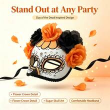 1pc Sugar Skull Mask For Day Of The Dead, Decorated With Orange And Black Artificial Roses, Glitter And Rhinestones, Half Face Mask For Halloween Costume Party, Mexican Day Of The Dead Women's Party Accessory - View 4