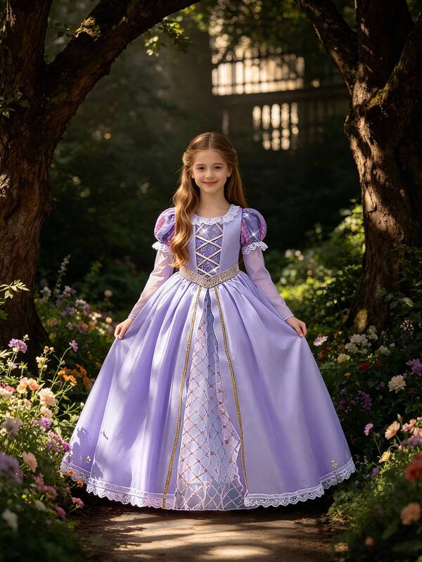 Young Girls Long Sleeve Sequin Elegant Flower Girl Puff Dress Princess Gown Suitable For Party, Without Headband
