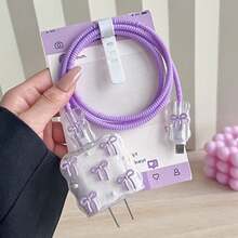 小號淡粉色/黑色蝴蝶結/金色蝴蝶結/櫻桃與白色珍珠設計手機充電器套組 20W/18W，充電線保護套，充電頭保護殼，相容於 Apple 13/16/15/14 充電器 - 紫色 - 查看 9