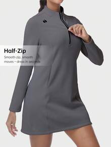 HOTSUIT 女款輕量針織抓絨連帽套頭長裙，1/4拉鍊設計，附袋鼠口袋，四向彈性，適合春季穿著 - 深灰色 - 查看 3
