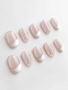 10pcs Pure Handmade Oval Press On Nails, Minimalist Elegant Style, Nude Sheer Base, White French Tip & Silver Metallic Cross Line Decorative Patterns For Women And Girls, Spring Summer Fall Winter Festivals Party And Daily Life Use - White - View 2