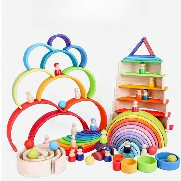 12 khối gỗ xây dựng cầu vồng lớn, búp bê xếp chồng gỗ giáo dục sớm cho bé, búp bê xếp tháp gỗ phát triển giáo dục cho trẻ tập đi, búp bê xếp hình