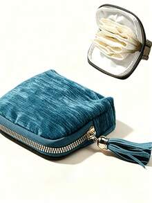 1pc Portable Travel Jewelry Storage Bag With Tassel Zipper, Premium Quality Portable Jewelry Box, Multi-Layer Storage For Crystal Bracelets And Bangles, Fashionable Velvet Jewelry Bag, Portable Zipper Jewelry Box - Multicolor - View 10