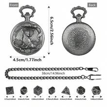 Mini Metal D&D Dice Set 7Pcs Polyhedral Dice With Border Dragon Pattern Pocket Watch Shell Case Portable Role Playing Board Game Tabletop Game Accessories Dark Silver - Dark Silver - View 4