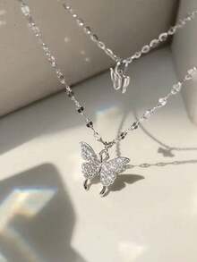 1pc S925 Sterling Silver Mori Style Fresh Double Layer Tassel Butterfly Pendant Necklace, Women's Minimalist Elegant Elegant Light Luxury High-End Personalized Exquisite Niche Fashion Versatile Neck Accessory, Valentine's Day Gift - Butterfly - View 4