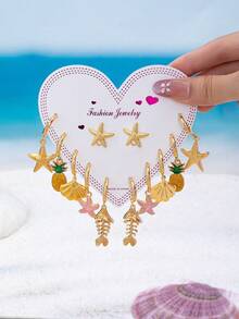 6Pairs Assorted Stackable Earring Pack, Gold C-Hoop Dangle Earrings With Enamel Fish & Marine Animal Pendant, Women's Summer Daily Sweet Accessories - Pink Flowers - View 9