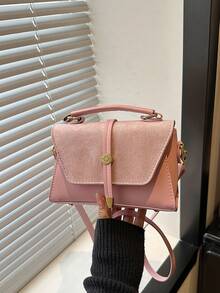 Soft Pink Suede Patchwork Flap Crossbody Bag, Smooth Body, Short Top Handle, Round Gold Rotating Lock, Adjustable & Detachable Shoulder Strap - Pink - View 4