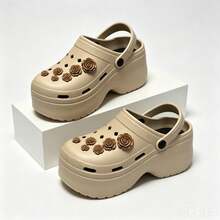 9cm Platform Wedge Clogs For Women, Simulated Rose Decor, Thick Sole, Breathable, 2-Way Wear, Non-Slip Beach Sandals - Khaki - View 9