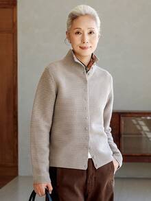 女款舒適羅紋羊毛開襟衫，時尚立領鈕扣針織衫，適合萬聖節、感恩節、聖誕節假期穿搭 - 駝色 - 查看 3