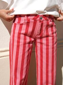 New Fashion Striped Women's Long Pants, Vacation College Daily All-Season Color-Block Trousers - Pink Stripes - View 5