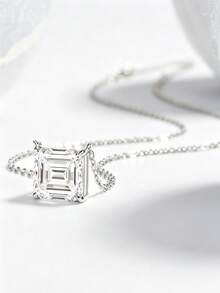 S925 Sterling Silver 14K Gold Plated Emerald Cut Moissanite Necklace, Exquisite Rectangular Pendant Collarbone Necklace, Elegant Wedding Anniversary Birthday Jewelry Gift For Bride And Girlfriend - Style a - White - View 10