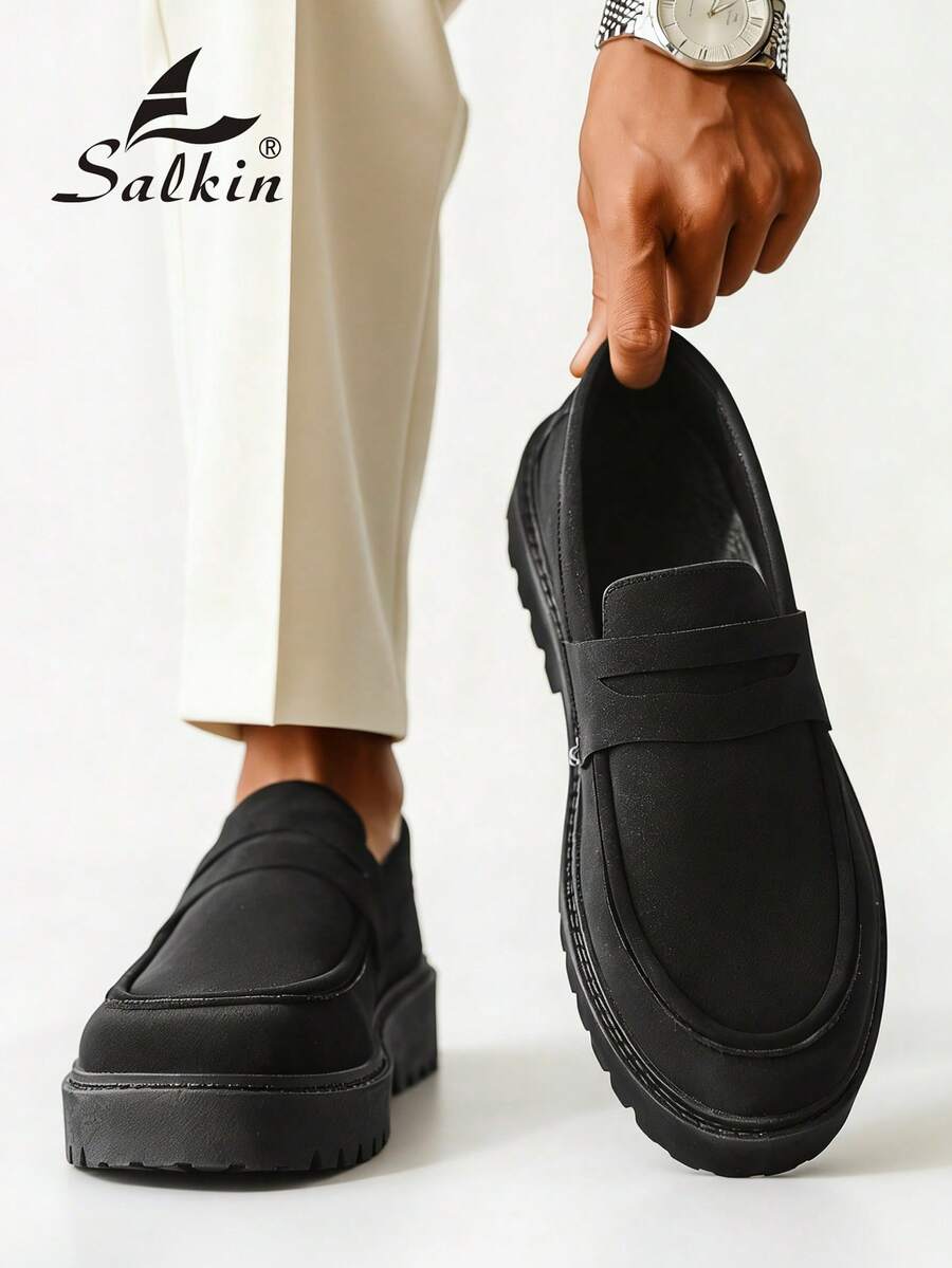 Salkin 男士極簡設計一腳蹬樂福鞋 Penny 款粗齒厚底鞋 平價奢華休閒鞋 正品品牌 柔軟素色麂皮鞋面 舒適莫卡辛鞋 學院風學生鞋 厚底增高鞋 日常走路鞋 男士情侶約會出遊 百搭派對宴會度假禮物 適合四季 - 黑色 - 查看 1